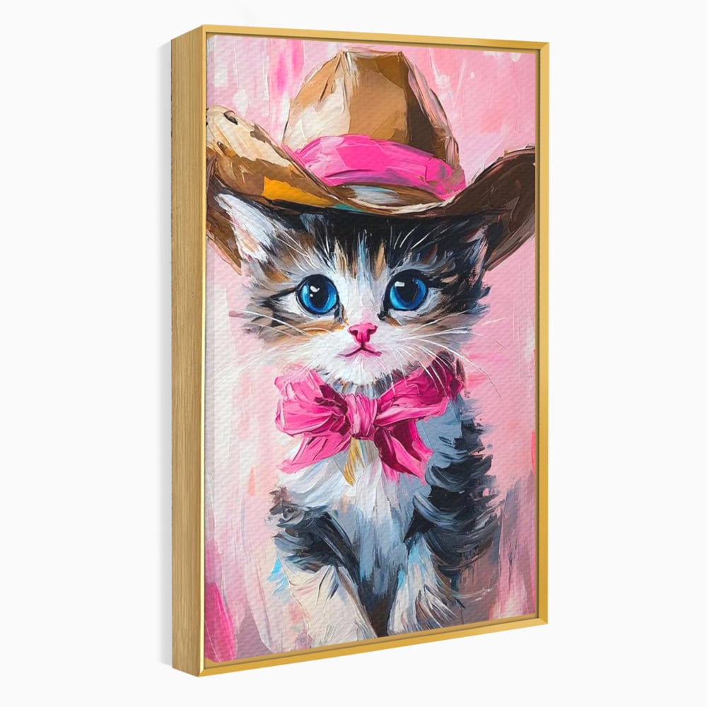 Tablou canvas cu tablou canvas cu pisicuta cowboy, in rama de aluminiu auriu